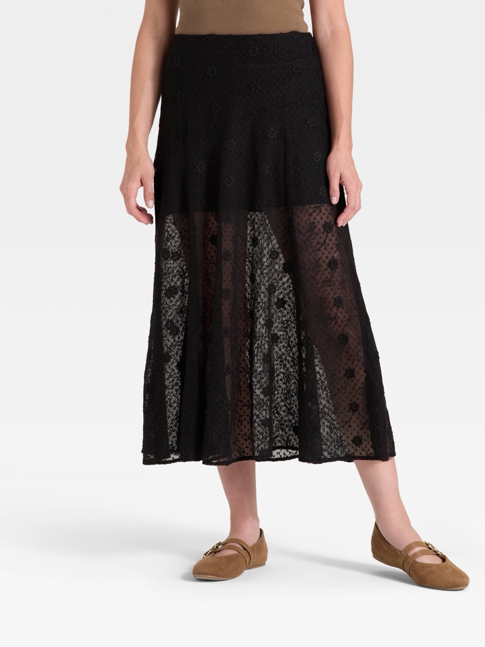 Universal Thread Black Lace Maxi A-Line Skirt Sheer Panel